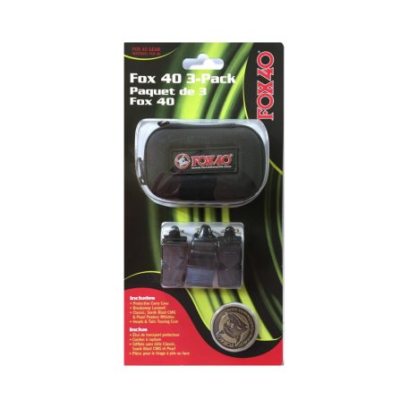 3 darabos játékvezetői sípszett, síptárolóval és különleges Fox40 dobóérmével