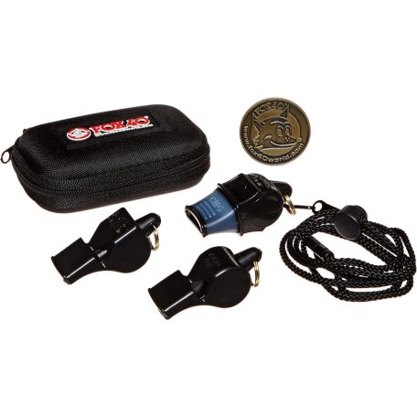 3 darabos játékvezetői sípszett, síptárolóval és különleges Fox40 dobóérmével